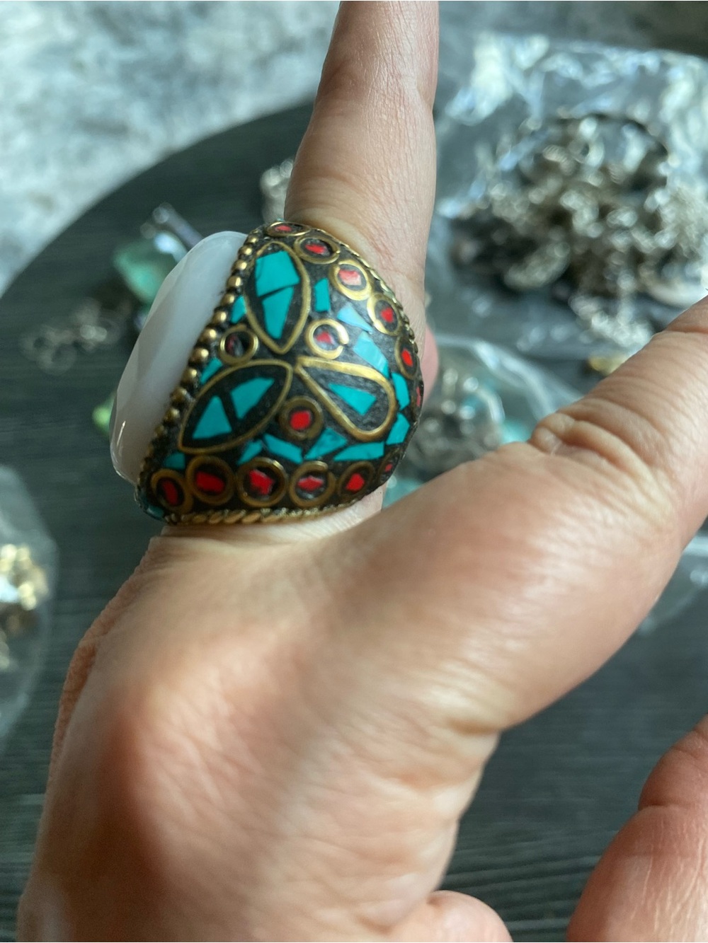 Turquoise color and Red Dome Inlay Statement Ring size 7 or 6